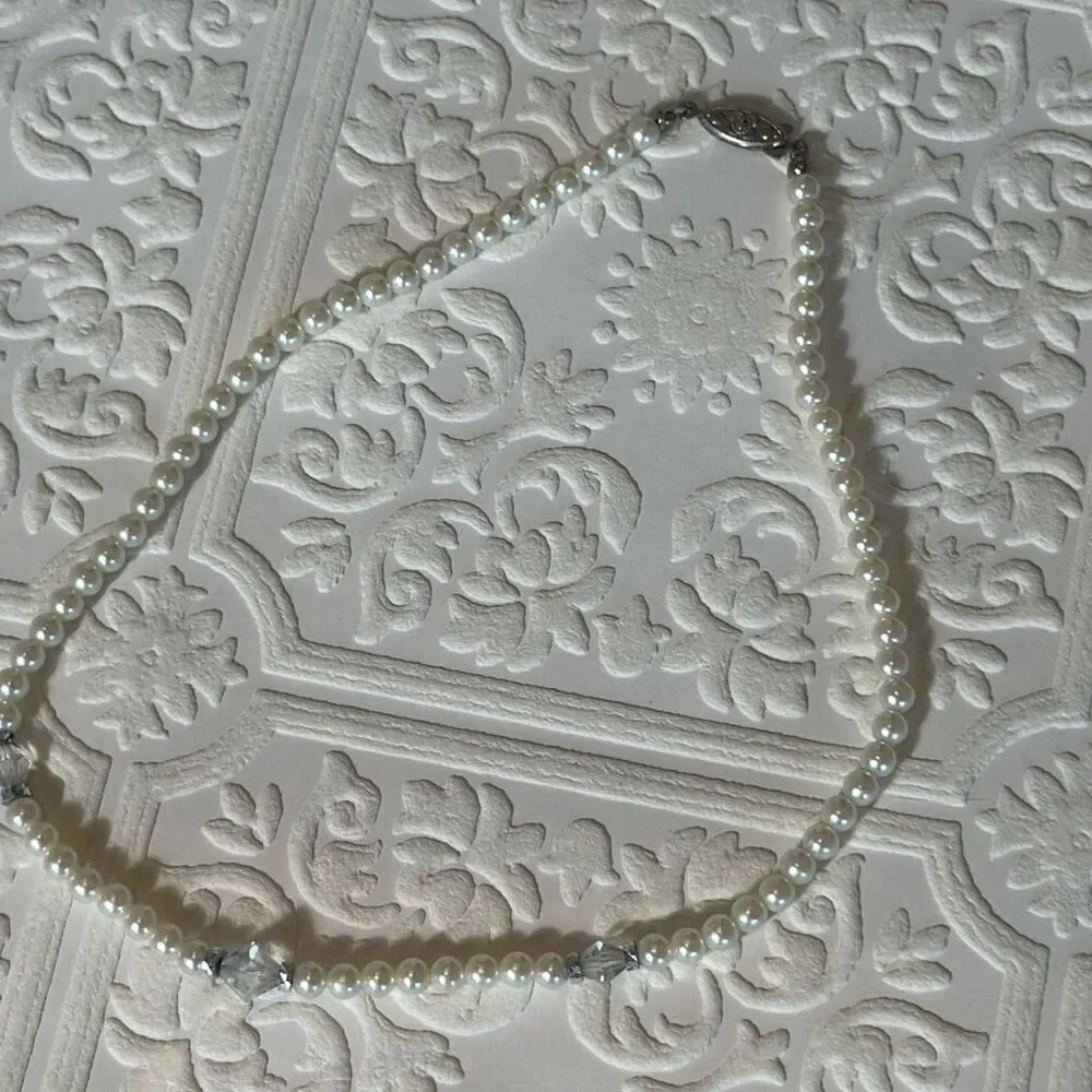 Vintage Art Deco Glass Pearl Choker‎ Necklace With Faceted Clear Crystals 15”